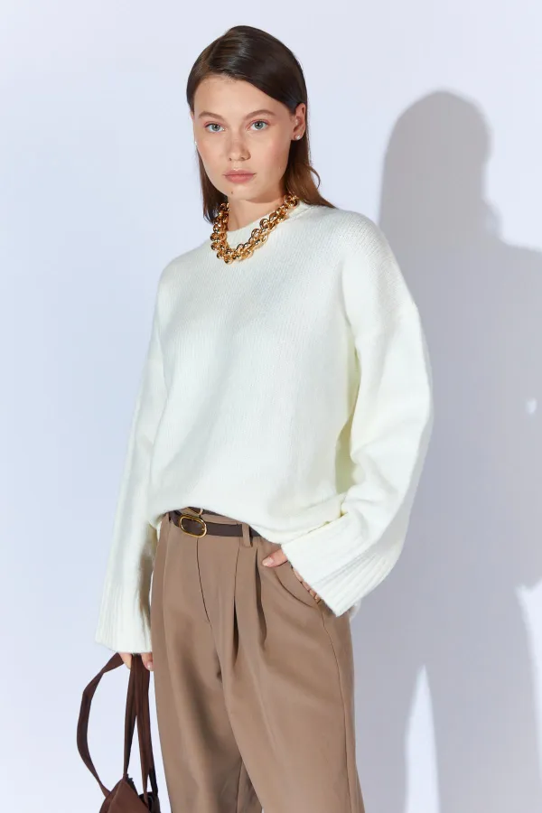 Kadın Krem Bisiklet Yaka Basic Triko Kazak