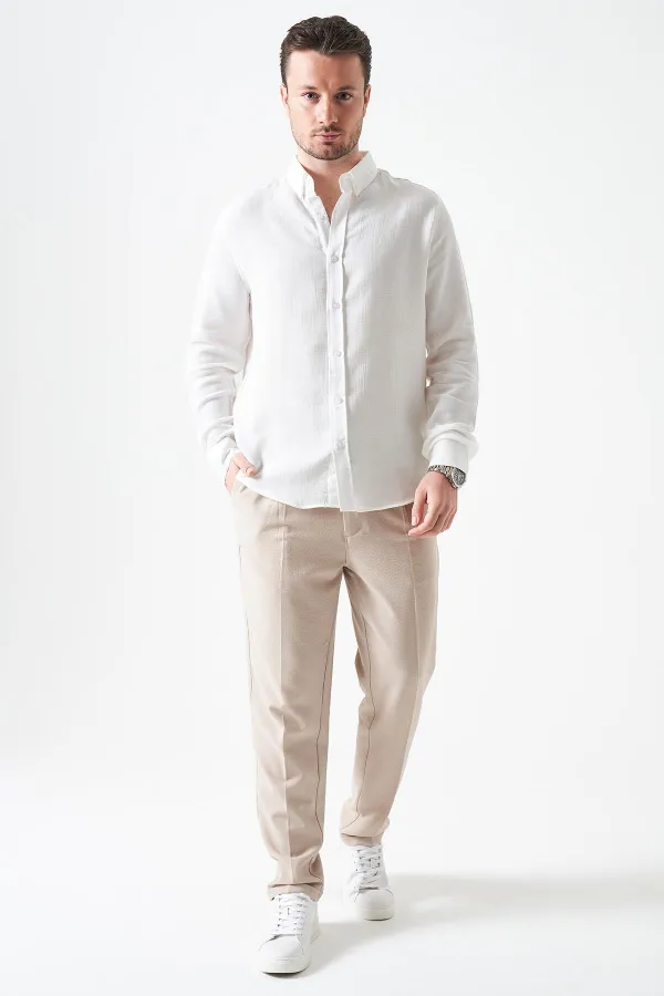 Erkek Ekru Uzun Kol Regular Basic Müslin Gömlek