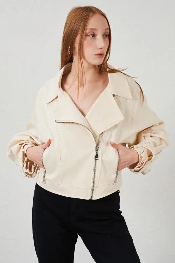 Kadın Naturel Yan Fermuarlı Kol Manşetli Balık Sırtı Gabardin Ceket