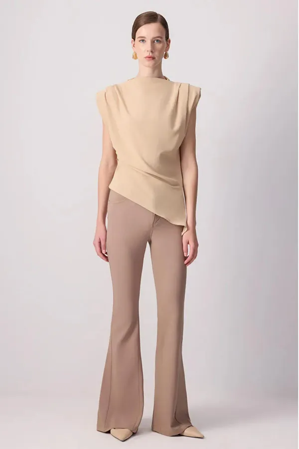 Kadın Vizon 7034 Omuzları Drapeli Vatkalı Asimetrik Bluz