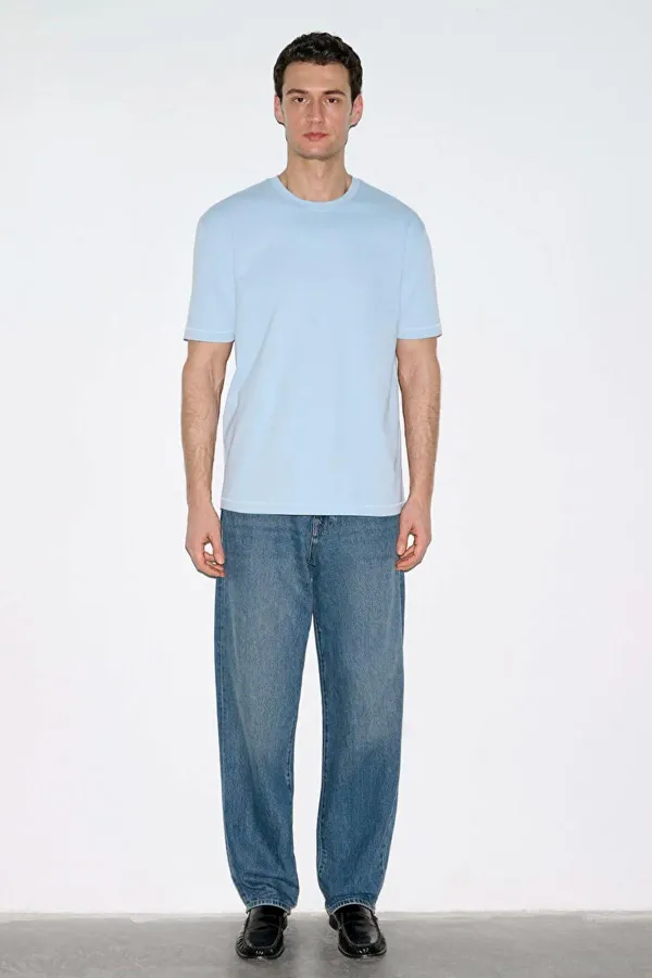 Erkek Mavi Bisiklet Yaka Modal Basic Tişört