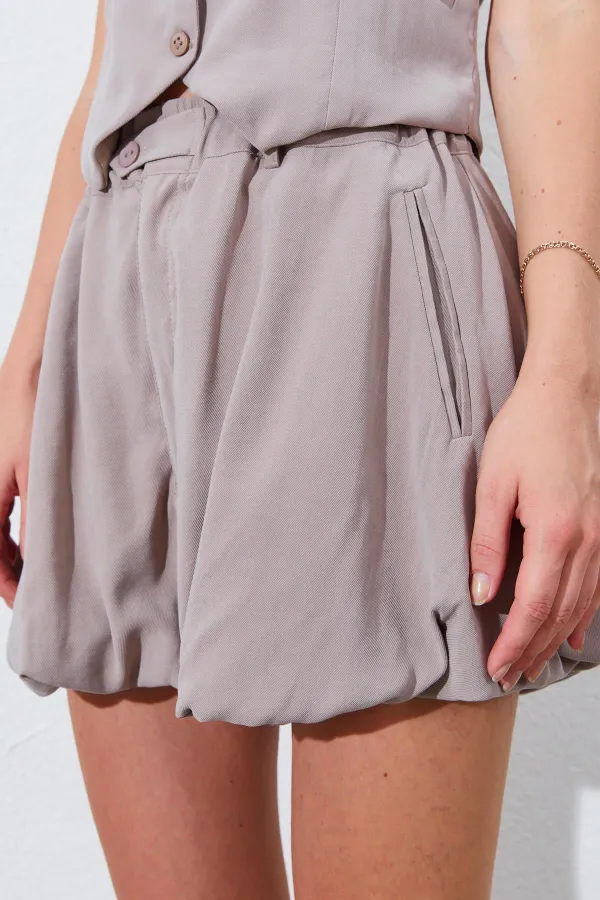 Kadın Vizon Beli Lastikli Stoplu Bolon Şort Etek