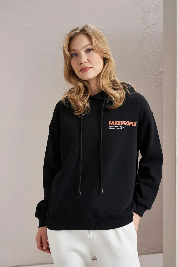 Women's Black Fake People Print Three-Thread Sweatshirt