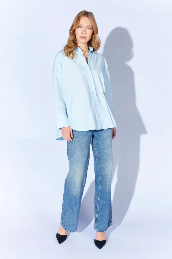 Kadın Mavi Önü Kısa Arkası Uzun Oversize Poplin Gömlek