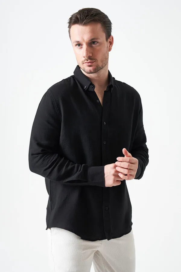 Erkek Siyah Uzun Kol Regular Basic Müslin Gömlek