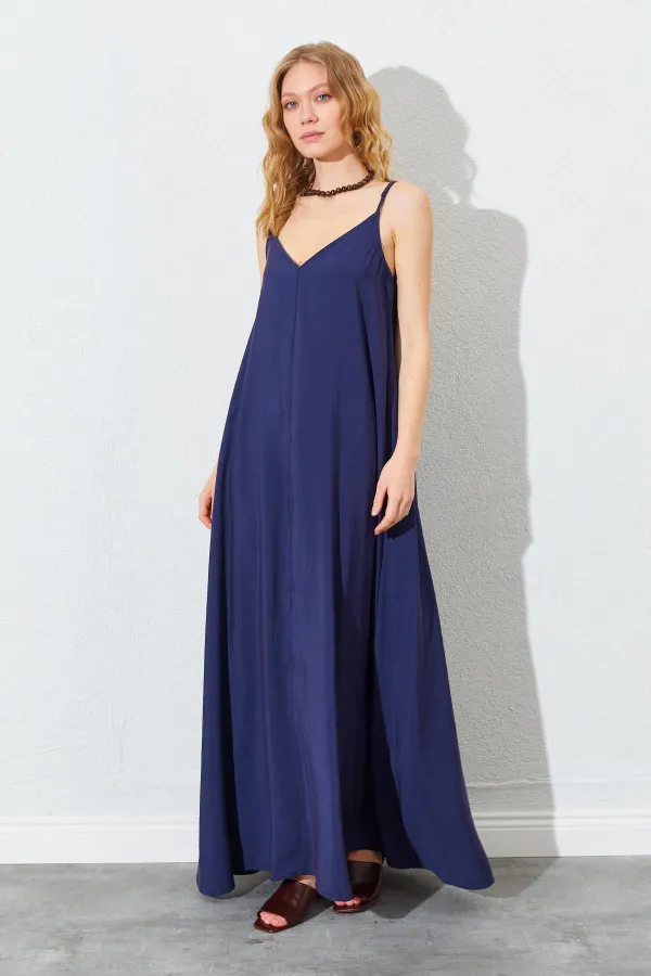 Women's Navy Blue V-Neck Loose-Fitting Modal Dress