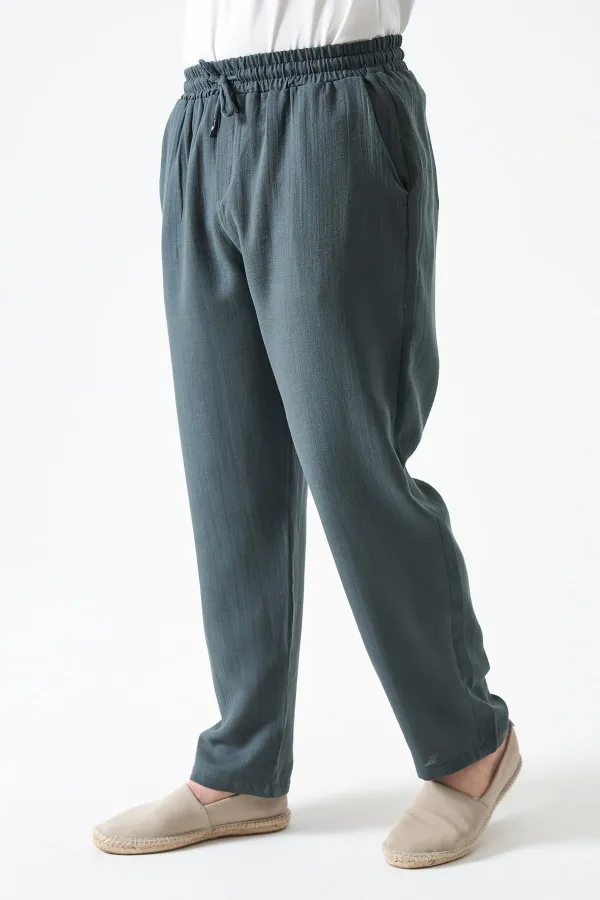 Erkek Çam Yeşili Bel Bağlamalı Baggy Müslin Pantolon