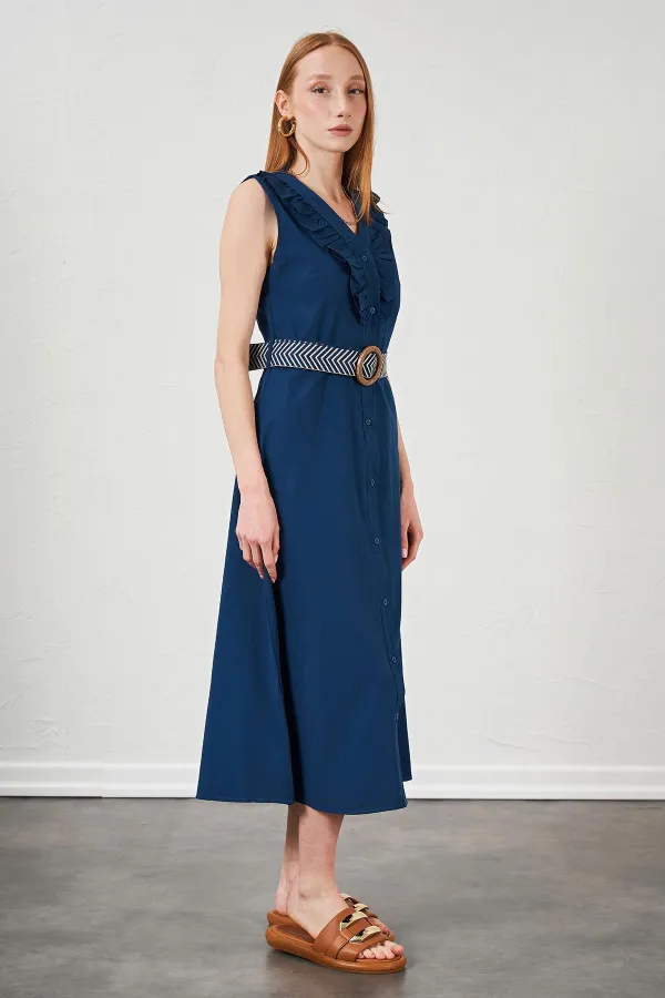 Kadın İndigo Yaka Fırfırlı Önü Düğmeli Kolsuz Poplin Kumaş Uzun Elbise