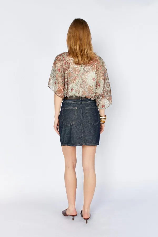 Kadın Rins Yıkama Beli Kemerli Mini Jean Etek