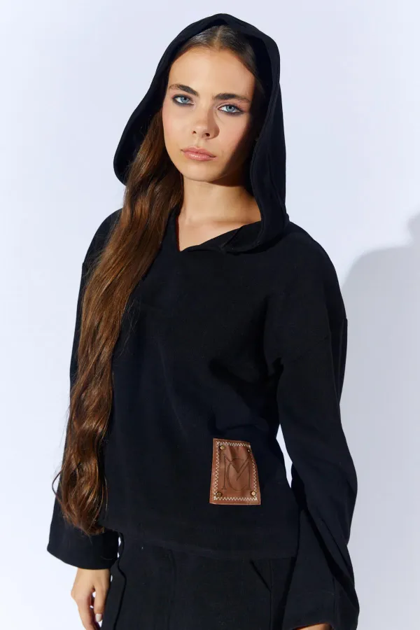 Kadın Siyah V Yaka Kapşonlu Yırtmaçlı Etek Selanik Takım
