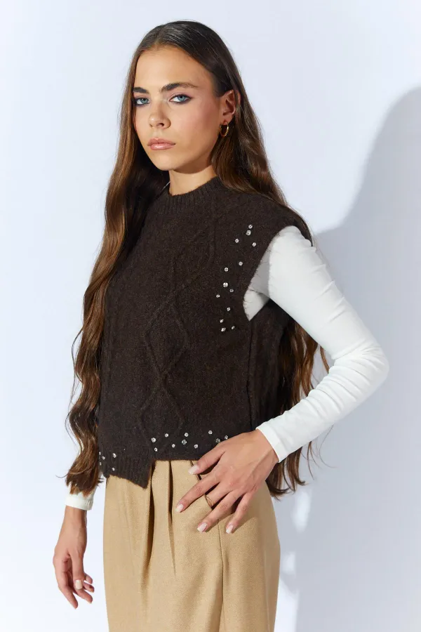 Kadın Kahve Bisiklet Yaka Desenli Triko Süveter