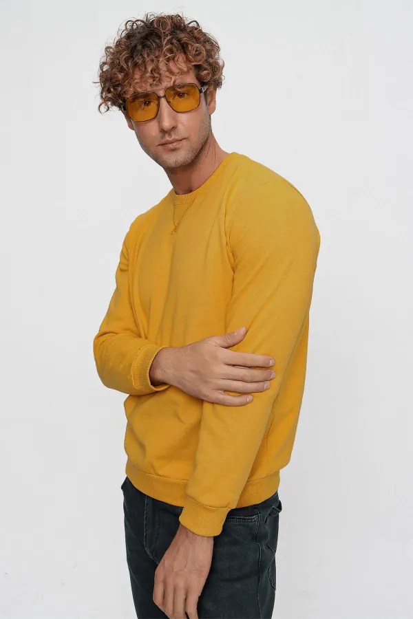 Erkek Hardal (22-7781) Bisiklet Yaka Basic Üç İp Sweatshirt