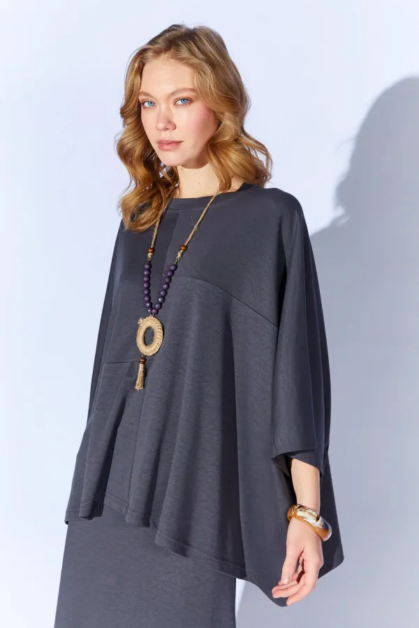 Kadın Antrasit 172 Düşük Kol Bluzlu Uzun Pike Modal Etekli Takım