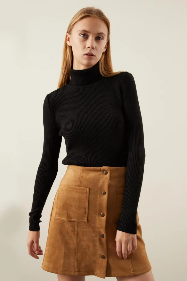 Kadın Siyah Fitilli Balıkçı Triko kazak