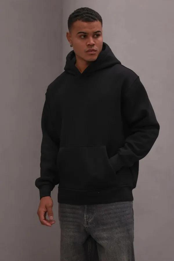 Men's Black Hooded Three-Thread Basic Sweatshirt