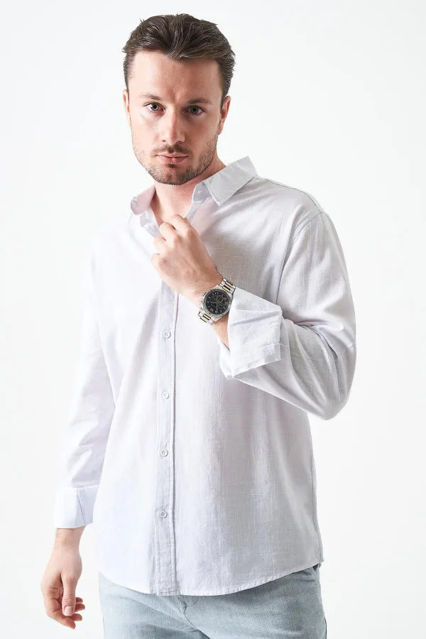 Erkek Beyaz Uzun Kol Basic Pamuk Flam Regular Gömlek