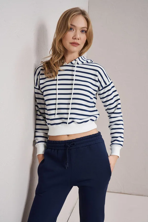 Women's Indigo Three-Thread Striped Hooded Crop Sweatshirt