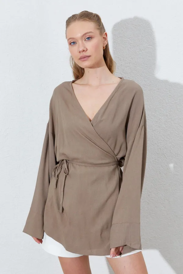 Kadın Toprak Kruvaze Yaka İp Bağlamalı Ceket