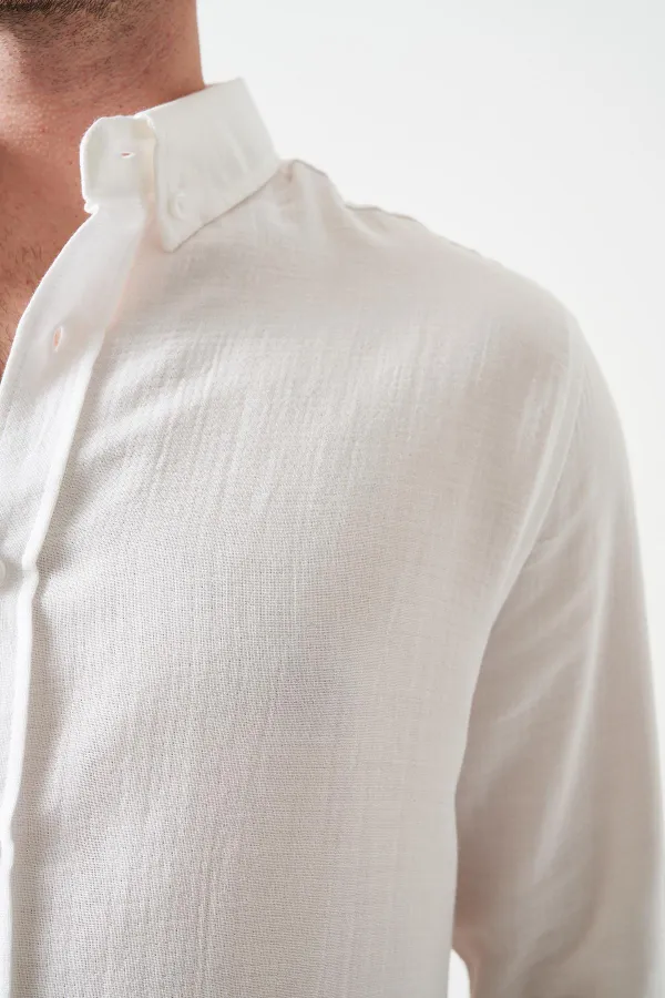 Erkek Ekru Uzun Kol Regular Basic Müslin Gömlek