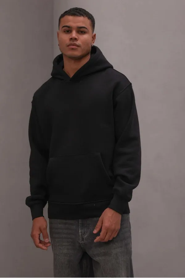 Men's Black Hooded Three-Thread Basic Sweatshirt