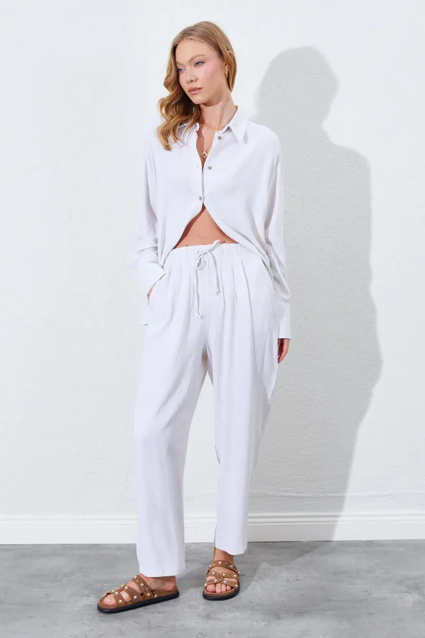 Kadın Naturel Beli Lastikli Havuç Kesim Keten Pantolon