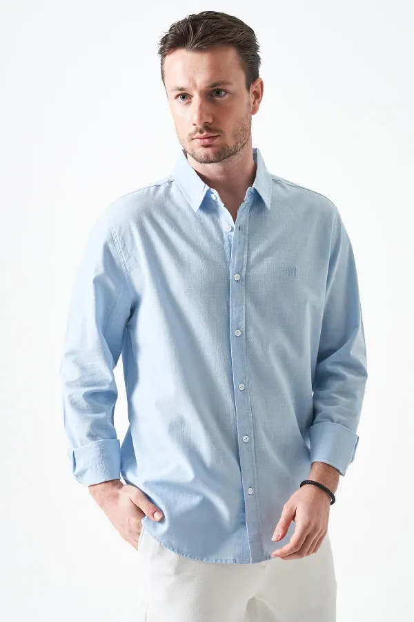 Erkek Mavi Uzun Kol Basic Pamuk Flam Regular Gömlek