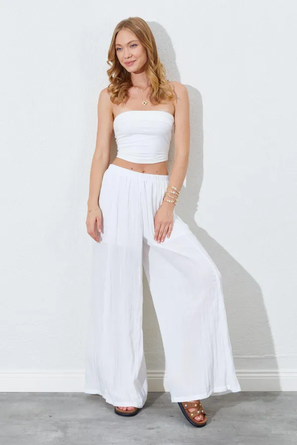 Kadın Ekru Beli Lastikli Bol Paça Kırışık Pantolon