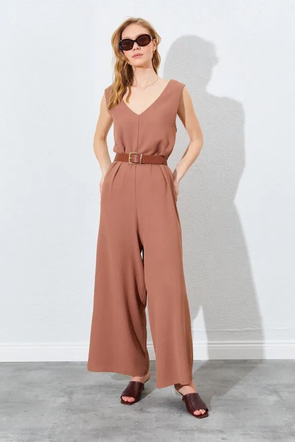 Kadın Mocha Sırtı Çapraz Bol Kesim Krep Tulum