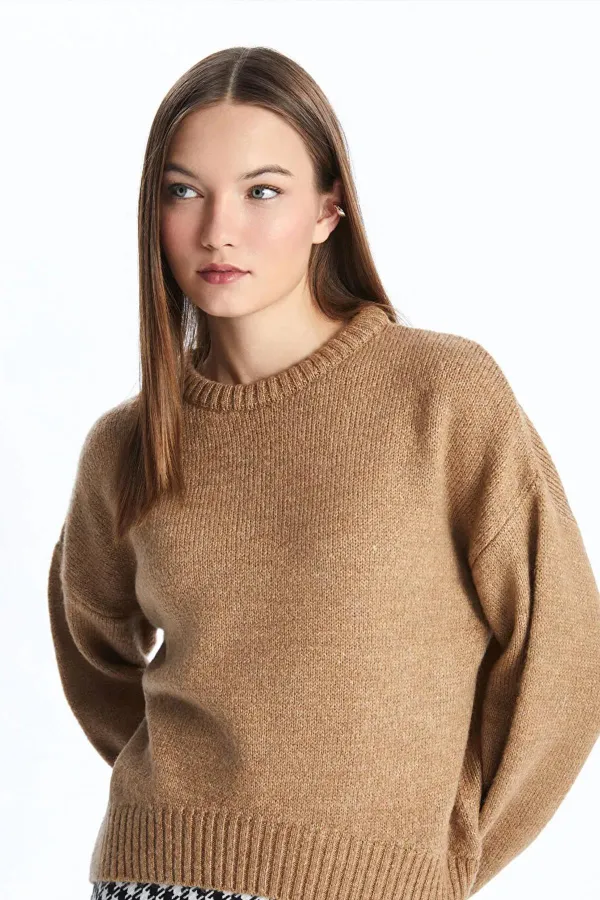 Kadın Vizon Bisiklet Yaka Kalın Manşetli Basic Kısa Şardonlu Triko Kazak