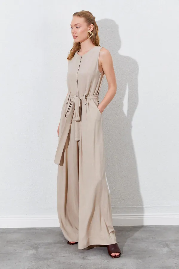 Kadın Koyu Bej Kolsuz Kuşak Bağlamalı Double Paça Tulum