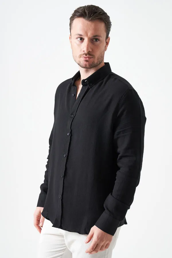 Erkek Siyah Uzun Kol Regular Basic Müslin Gömlek