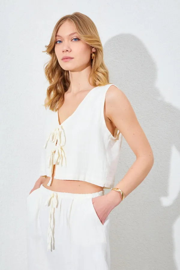 Kadın Ekru Bağlama Bluzlu Uzun Etekli Müslin Takım