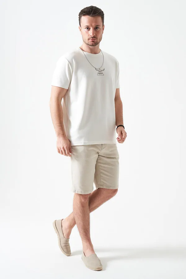 Erkek Ekru Bisiklet Yaka CASUAL  Baskılı Modal Tişört