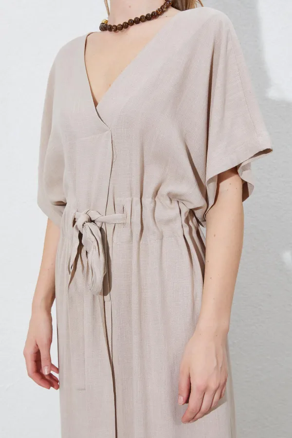 Kadın Koyu Bej Düşük Kol Beli Tünel Kemerli Keten Uzun Elbise