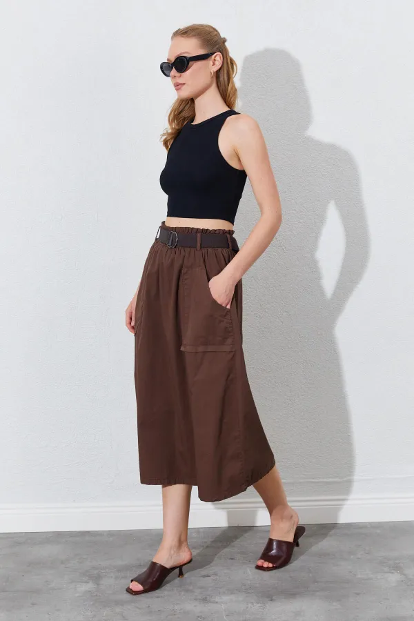 Kadın Kahve Palaska Kemerli Önü Cepli Gabardin Etek