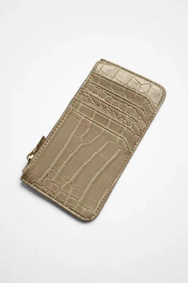 Porte-cartes beige à fermeture éclair pour femme, motif crocodile