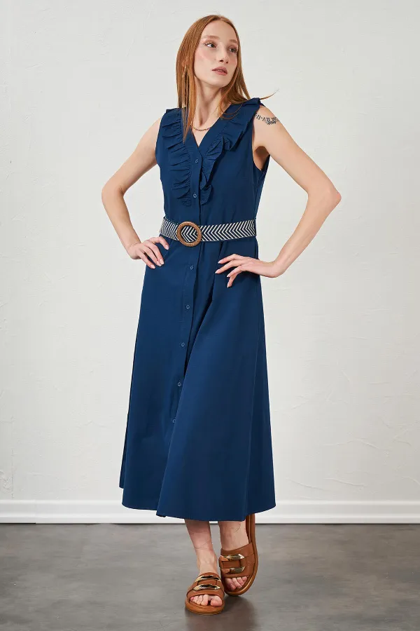 Kadın İndigo Yaka Fırfırlı Önü Düğmeli Kolsuz Poplin Kumaş Uzun Elbise