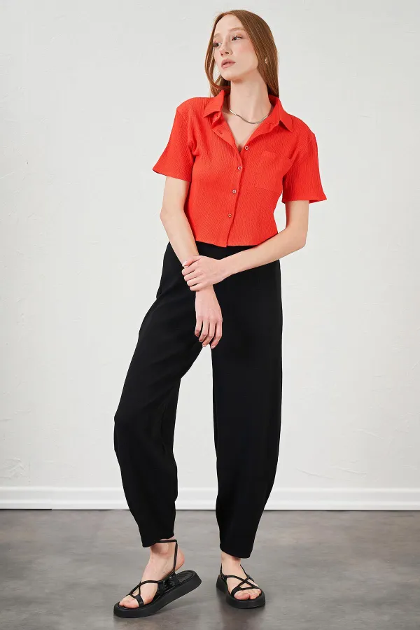 Kadın Nar Bürümcük Tek Cep Crop Gömlek