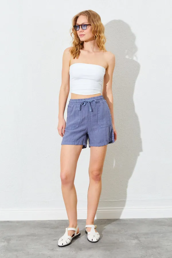 Kadın Gri Önden Cepli Keten Şort