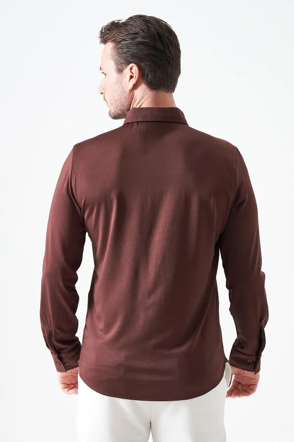 Erkek Kahve Uzun Kol Ripaş Dalgıç Slim Fit Gömlek