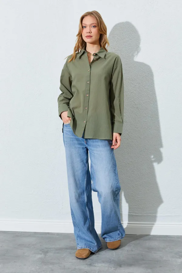 Kadın Haki Krınkıl Oversize Gömlek