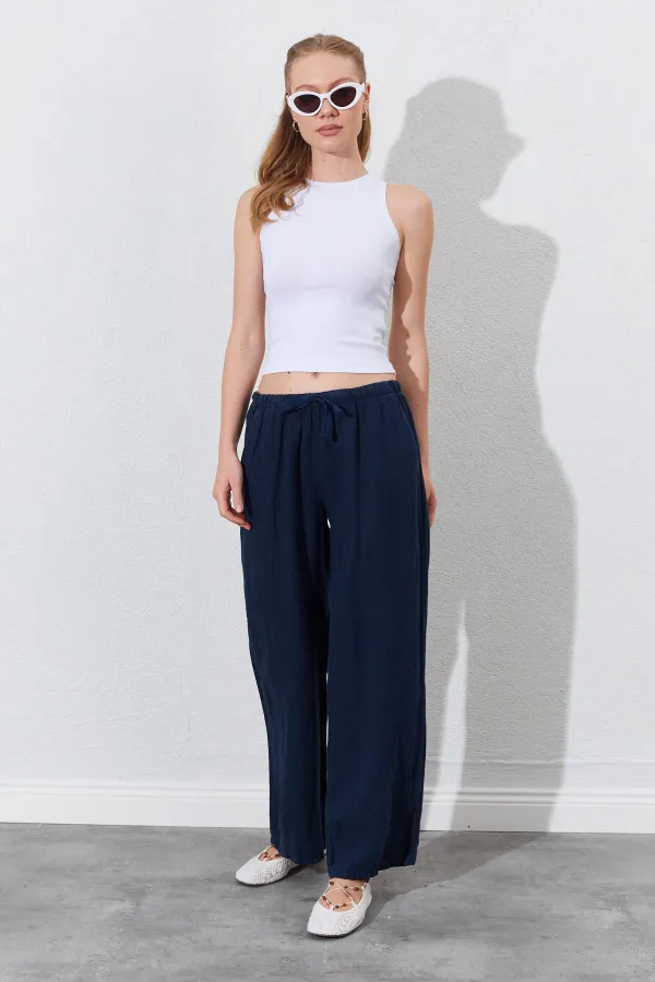 Women's Navy Blue Linen Wide Leg Trousers with Drawstring Waist and Side Pockets