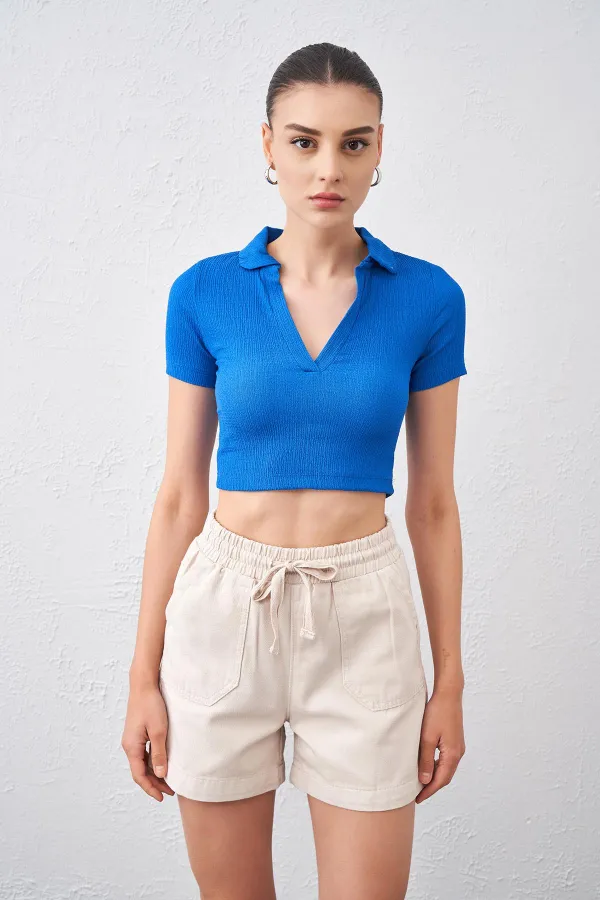 Kadın Saks Polo Yaka Bürümcük Kumaş Crop