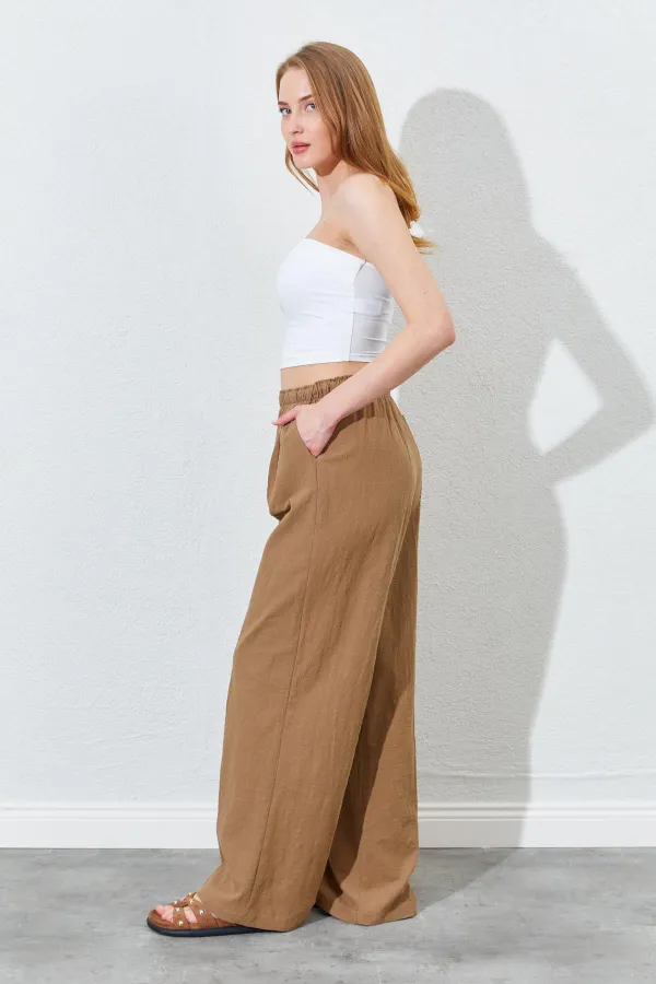 Kadın Kahve Beli Lastikli Palazzo Keten Pantolon