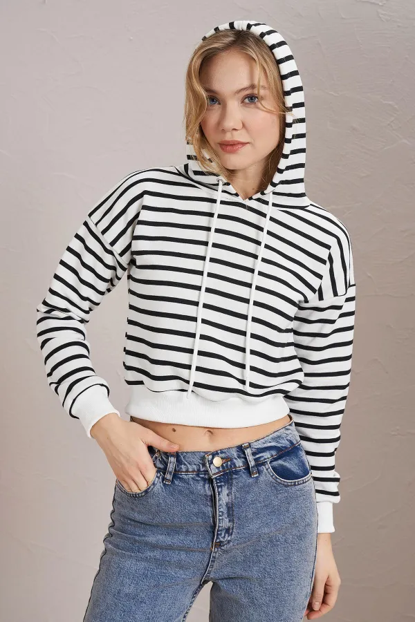 Women's Black Three-Thread Striped Hooded Crop Sweatshirt