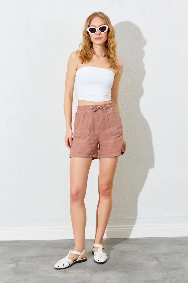 Kadın Vizon Önden Cepli Keten Şort