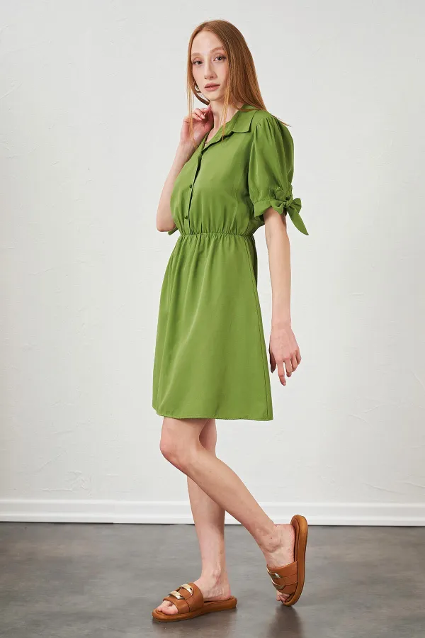 Kadın Petrol Yeşili Kolları Bağlamalı Poplin Elbise