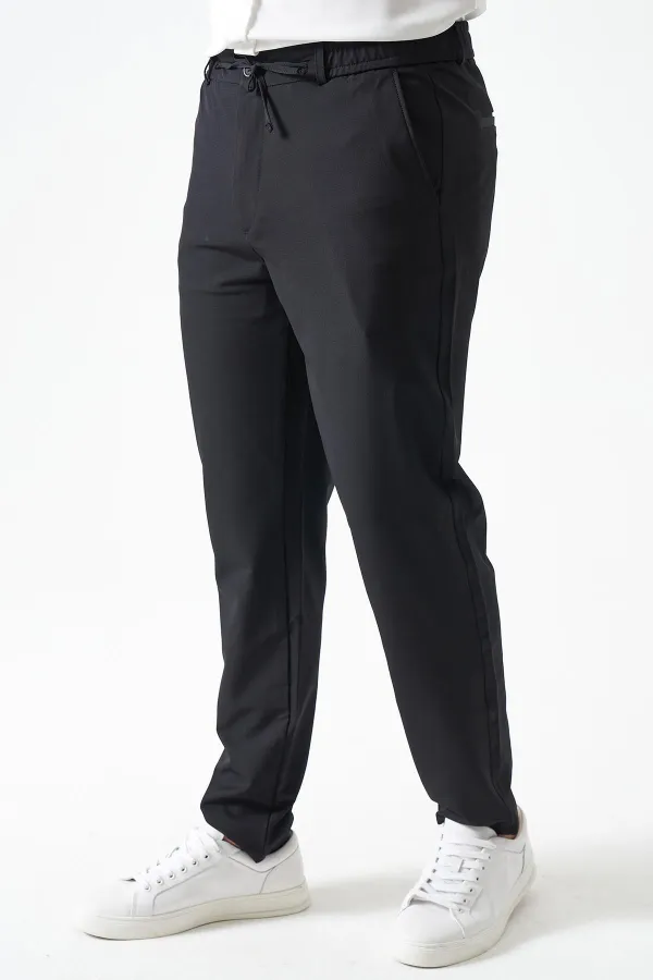 Erkek Siyah Beli Yarım Lastikli ve Fermuarlı Yerli Teknik SRN42 Kumaş Pantolon