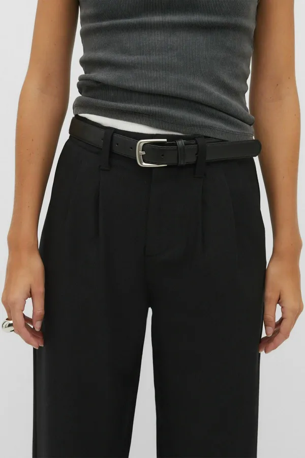 Kadın Siyah Çift Pileli Kemerli Poly Viskon Palazzo Pantolon