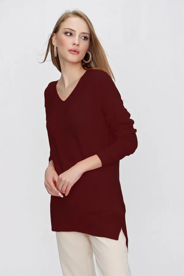 Kadın Bordo V Yaka Salaş Triko Kazak